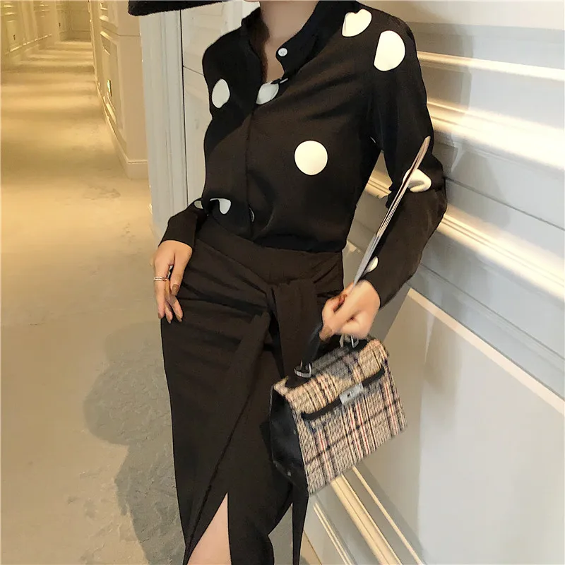

Elegant Spring Office Lady 2 Piece Set Women Fashion Vestido Suits Two-piece Outfit Women Bodycon Slim Polka Dot Zipper Fly Full