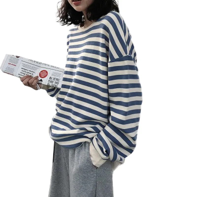 Cotton Sweatshirt Women Autumn Korean style Clothes Stripe Print Tops Long sleeve Loose Casual Sweetshirt Streetwear Sweat Shirt