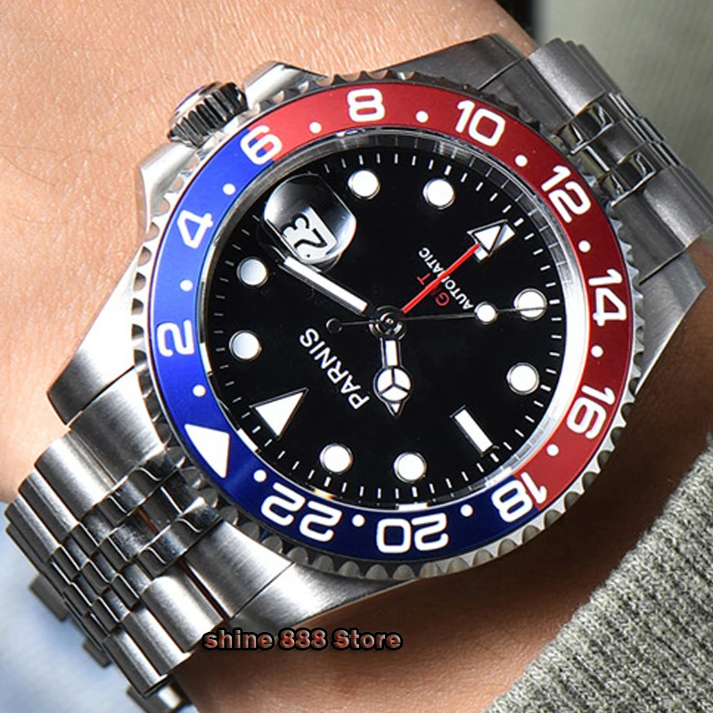 

40mm Parnis Mechanical Watches Black Red Bezel GMT Diver Watch Full Stainless Steel Sapphire Automatic movement mens Watch