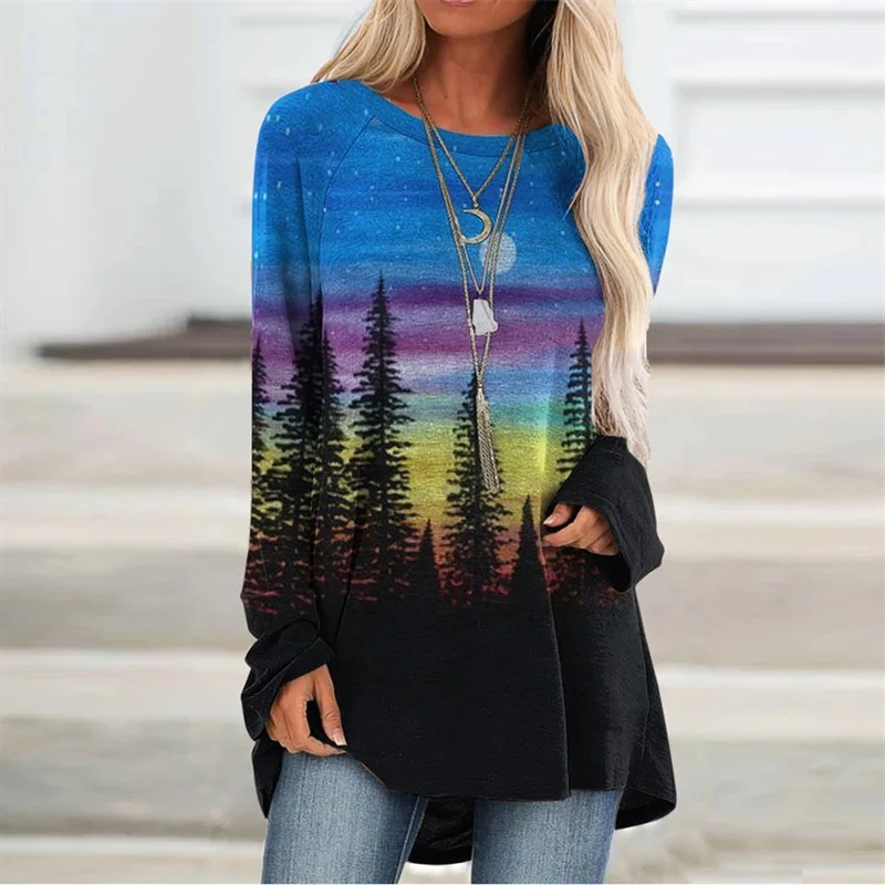 

Women Mountain Printed Shirts 2021 Winter Long Sleeve Shirts Tops Woman Blouses And Tops Plus Size Clothes Blusas Mujer De Moda