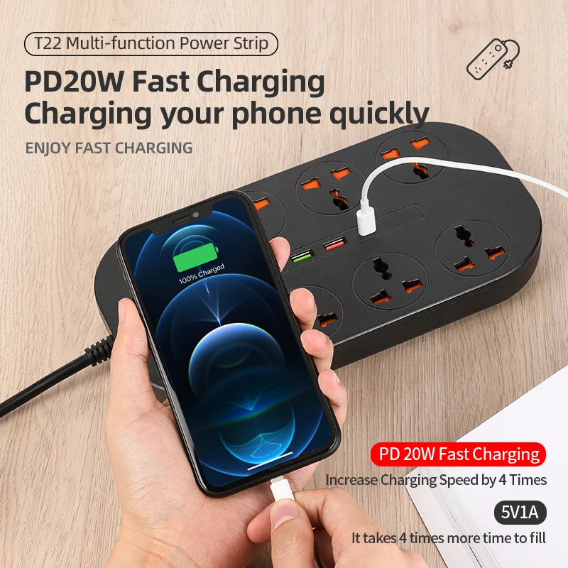 Univeral Multi Usb Charger QC3.0 PD 20W 3000W Outlets Power Strip With 8 AC Sockets 2M Long Extension Cord | Мобильные телефоны и