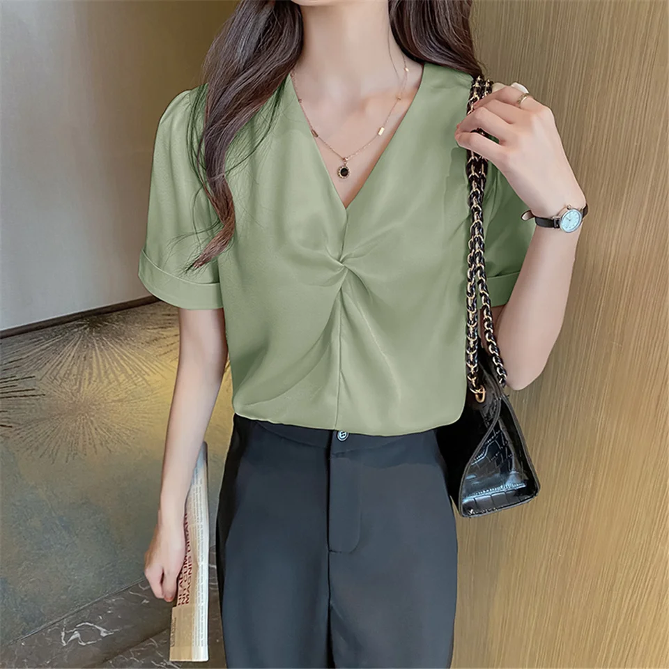 

Summer Korea Fashion Satin Career Office Shirt Blouse Women Casual Solid Chiffon All-match Loose Blouse Shirt Tops Blusas
