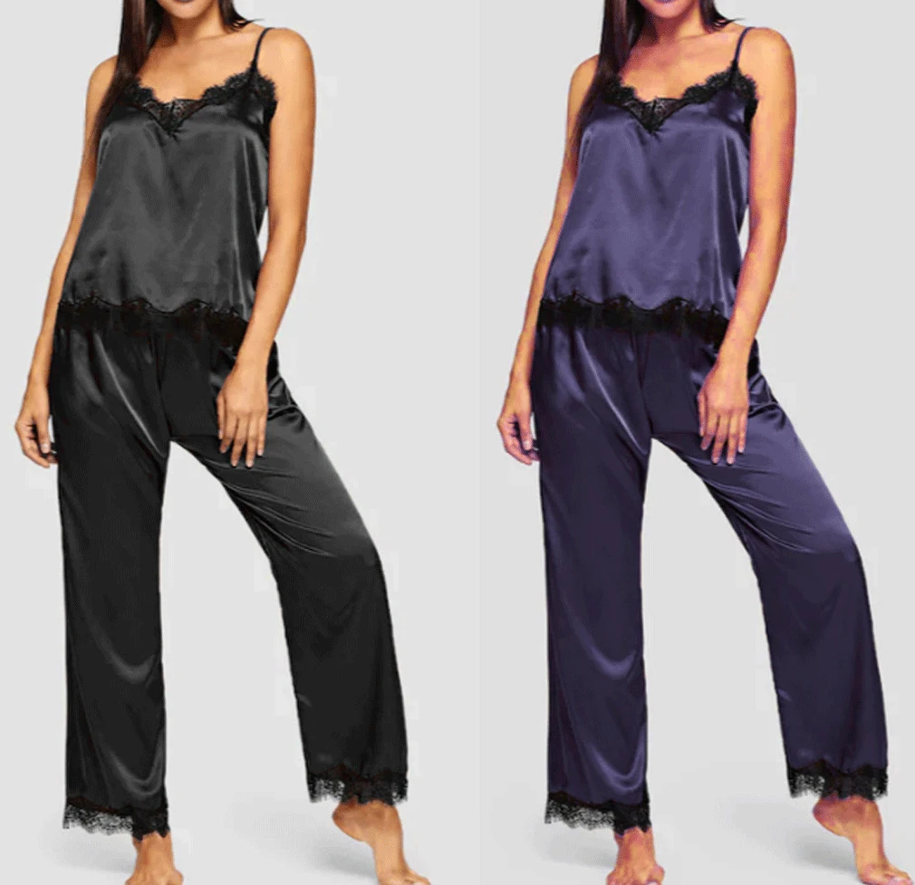 

New Elegant Fashion Lady Silk Satin Casual Sleepwear Babydoll Sexy Lingerie Women Nightwear Sling Pajamas Set