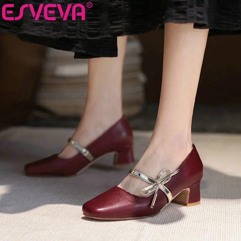 

ESVEVA 2021 Mixed Color Women Shoes Spring Summer Square Med Heels PU Leather Basic Fashion Female Pumps Big Size 34-43