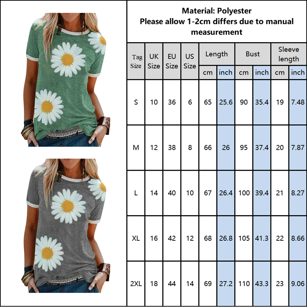 New Daisies Print Women T-Shirt Ladies Shirts O Neck Short Sleeve Tees Summer Female Casual Loose Tee Womens Clothes Q30 | Женская