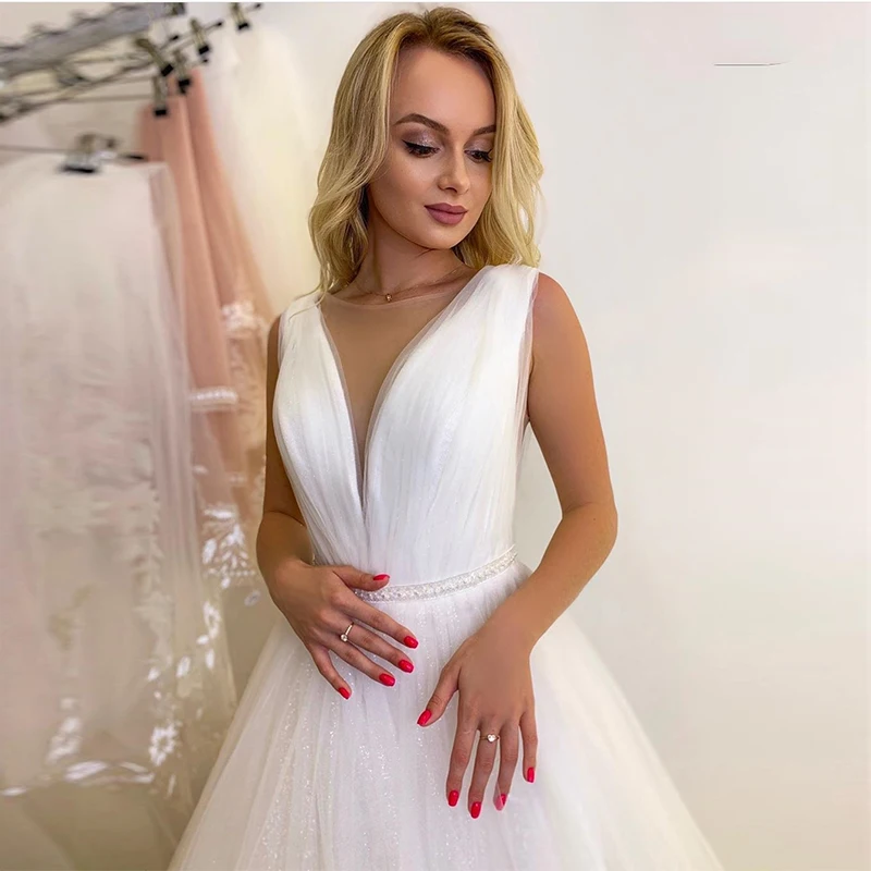 MoonlightShadow Simple Wedding Dresses A-Line O-Neck Sleeveless Fluffy Shining Tulle Lace Up Bridal Gowns Vestido De Novia