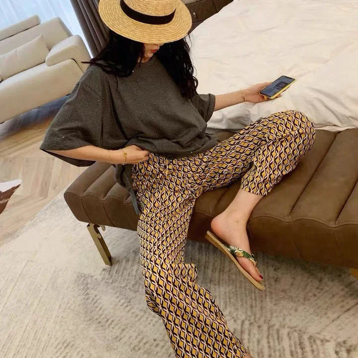 

202 Wide Leg High Waist Pants Women Floral Geometric Print Boho Pant Bandage Trousers Summer Streetwear Holiday Beach Wear