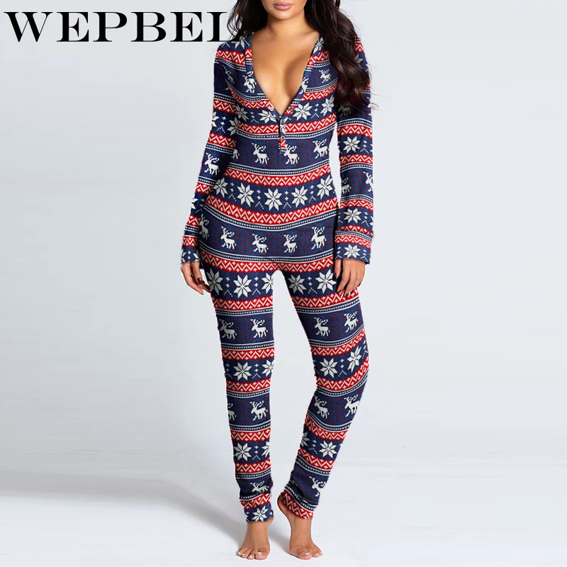 

WEPBEL Women Sexy Skinny Print One-Piece Bodysuit Rompers Pajamas Ladies Jumpsuit Sexy Fitness Long Sleeve Leggings