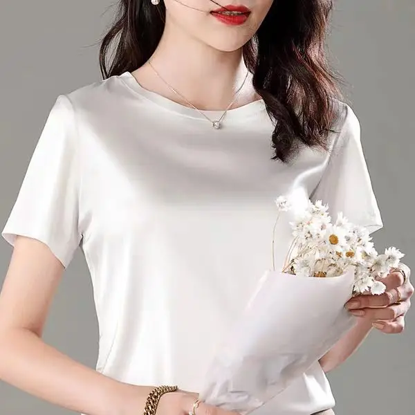 

Silk t-shirt female 2021 summer new Swan hot drill round neck short sleeve mulberry silk splicing cotton top