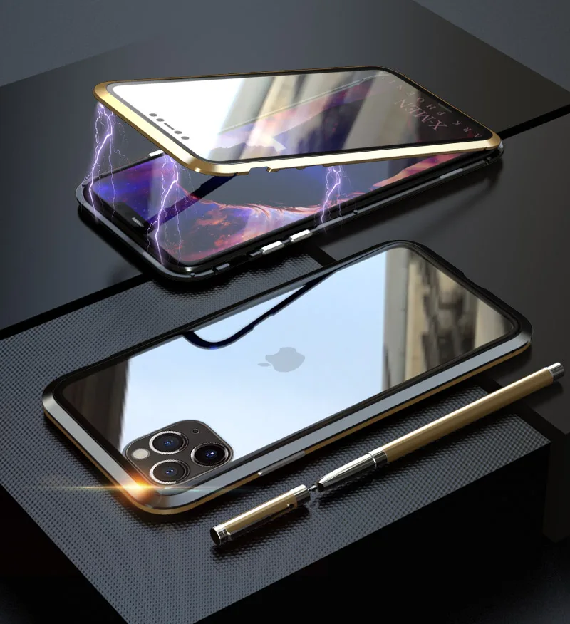 Black Gold Двойной чехол из закаленного стекла для iPhone 11 Pro Max чехол с металлической рамкой Магнитный противоударный чехол для iPhone 11 Pro Max Shell - Цвет: Black Gold