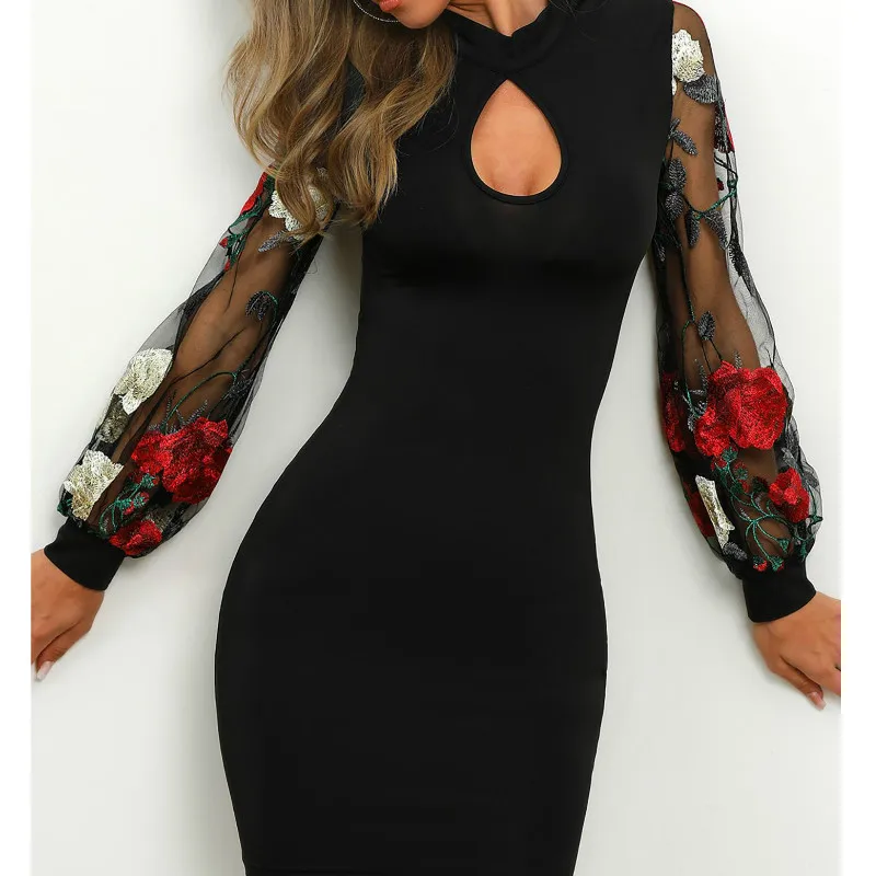 Женское винтажное облегающее мини-платье с вышивкой роз Сетчатое платье длинным