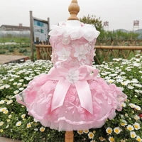 handmade embroidered flower puppy dog clothes pink lace pearl bow tutu dresses for small medium dog pet clothing poodle overalls