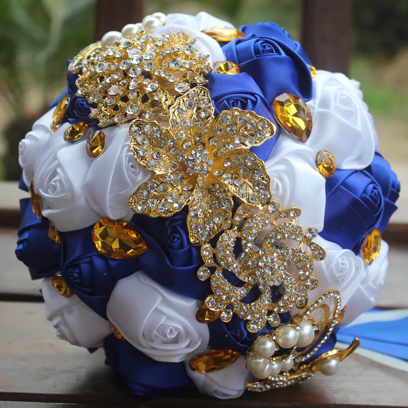 18cmRoyal Blue WifeLai-Золотая брошь для невесты, держащая букет цветов, белое золото, кристалл, чистый белый шелк, Свадебный букет невесты, W227-1 - Цвет: 18cmRoyal Blue