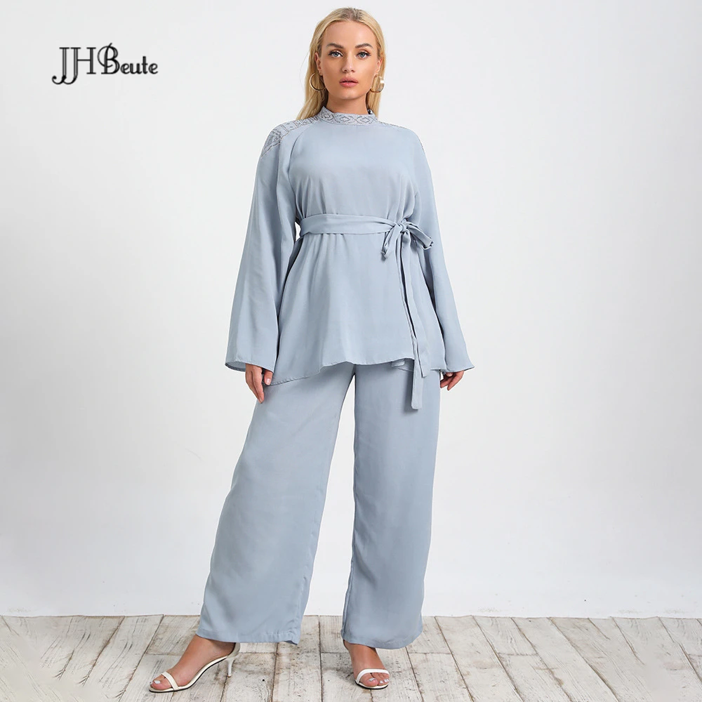 

JHBeute New Fashion Blue Women Long Suit Autumn Linen Two Piece Oversized Shirts And High Waist Wide Leg Trousers Female Outfits