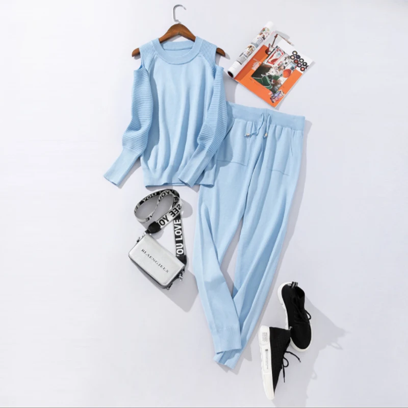 

2019 Sexy Shoulder Off Sweater Women Set 2 Piece Sweater Top And Pantalones Women Set Knitting Casual Women Tracksuits