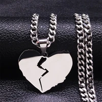 2022 punk broken heart stainless steel necklace pendant for women silver color chain necklaces jewelry collier homme n4508s06