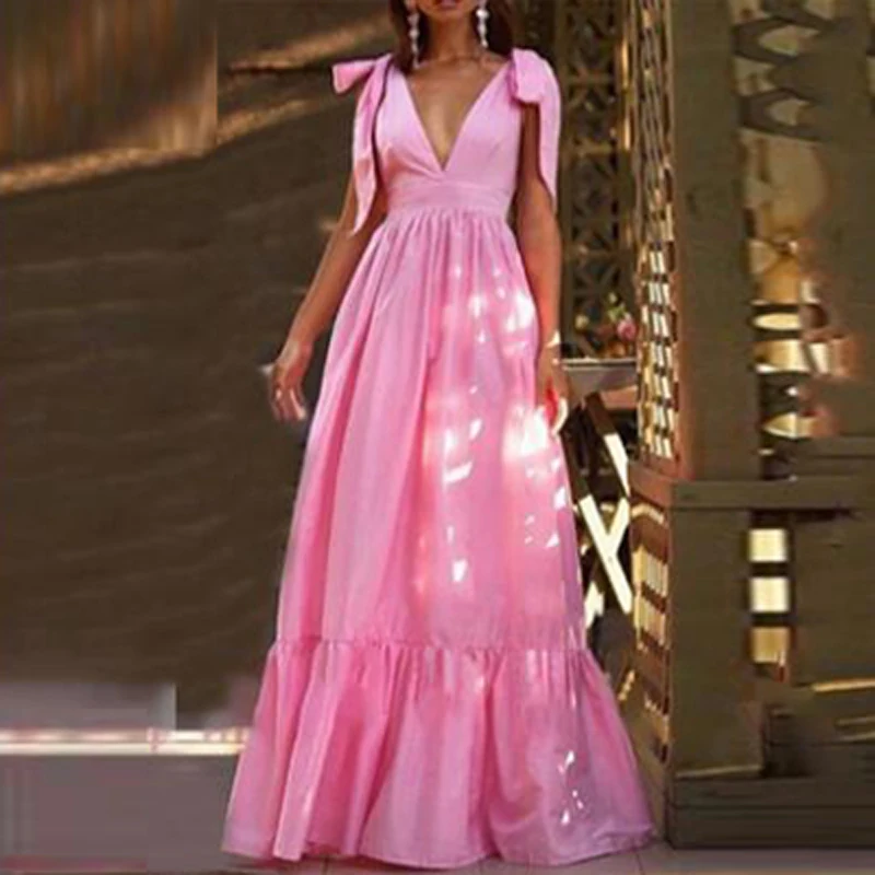 

2022 Summer Elegant Double V Neck Boho Long Dress Women Sexy Backless Lace-up Sling Maxi Dress New Sleeveless Ruffle Party Dress