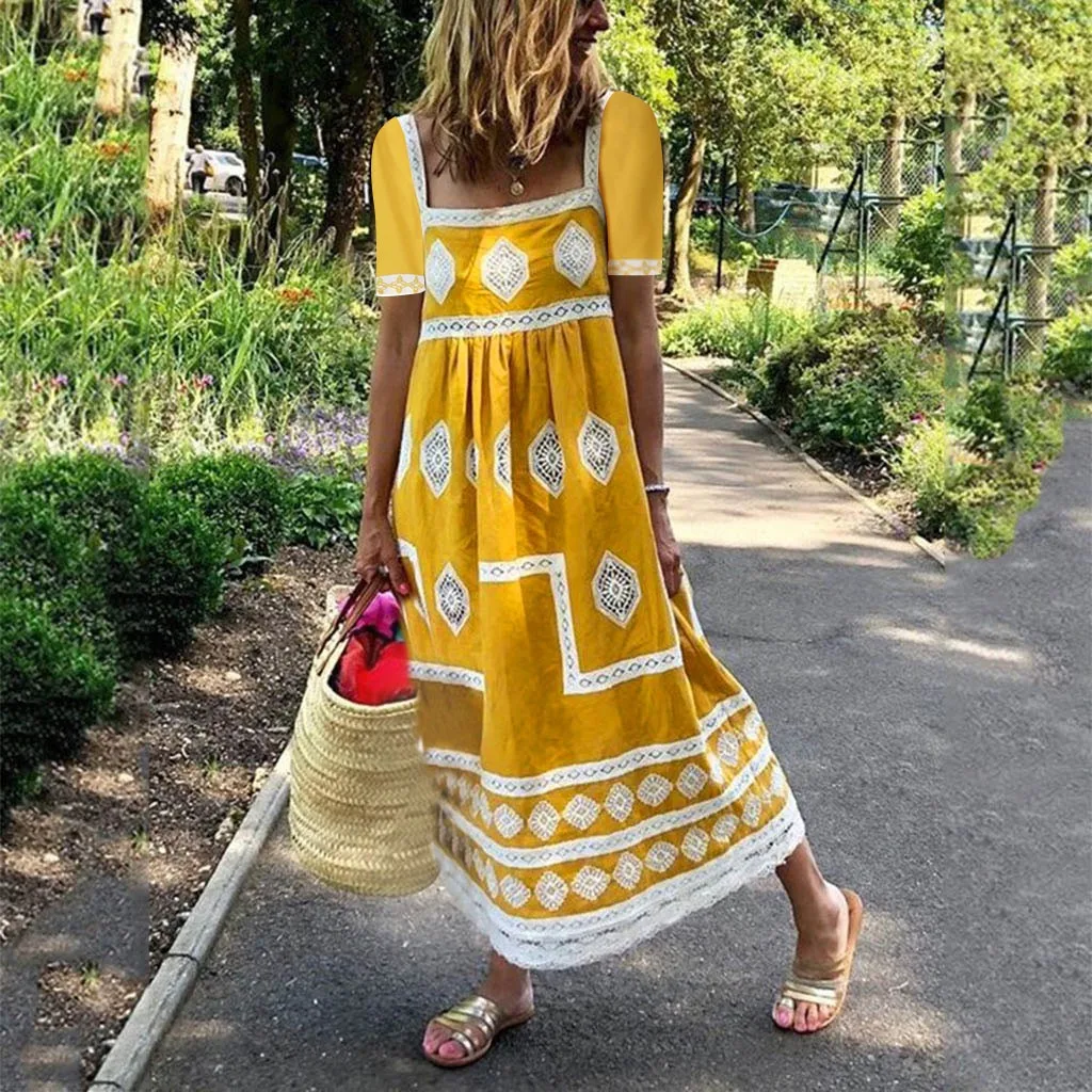 

New Women Summer Casual Dress Boho Print U-neck Short Sleeve Big Swing Maxi Dress Daily Fashion Comfy Loose Dresses Dropshipping
