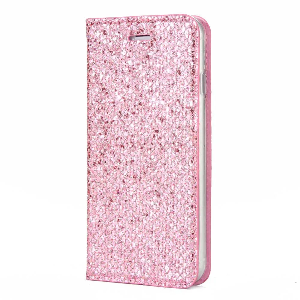 Розовый Блестящий кожаный чехол-кошелек для iPhone 6, 6 S, 7, 8 Plus, X, XS, Max, XR, 11 Pro, Max, 5, 5S, 5E, задний Чехол с магнитом, держатель для карт, флип-чехол - Цвет: Розовый