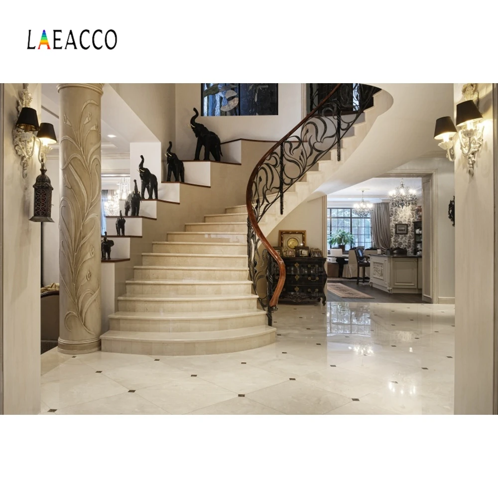 Laeacco Palace Interior Stairs Lamp Pillar Decoration Photography Backgrounds Customized Photographic Backdrops For Photo Studio
