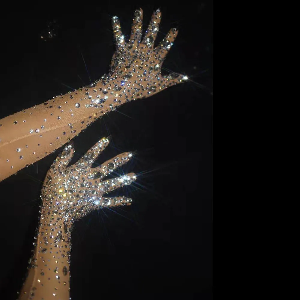 Guantes elásticos con diamantes de imitación para mujer, guantes largos con cristales brillantes y perspectiva de malla, accesorios de escenario para cantante bailarina de club nocturno