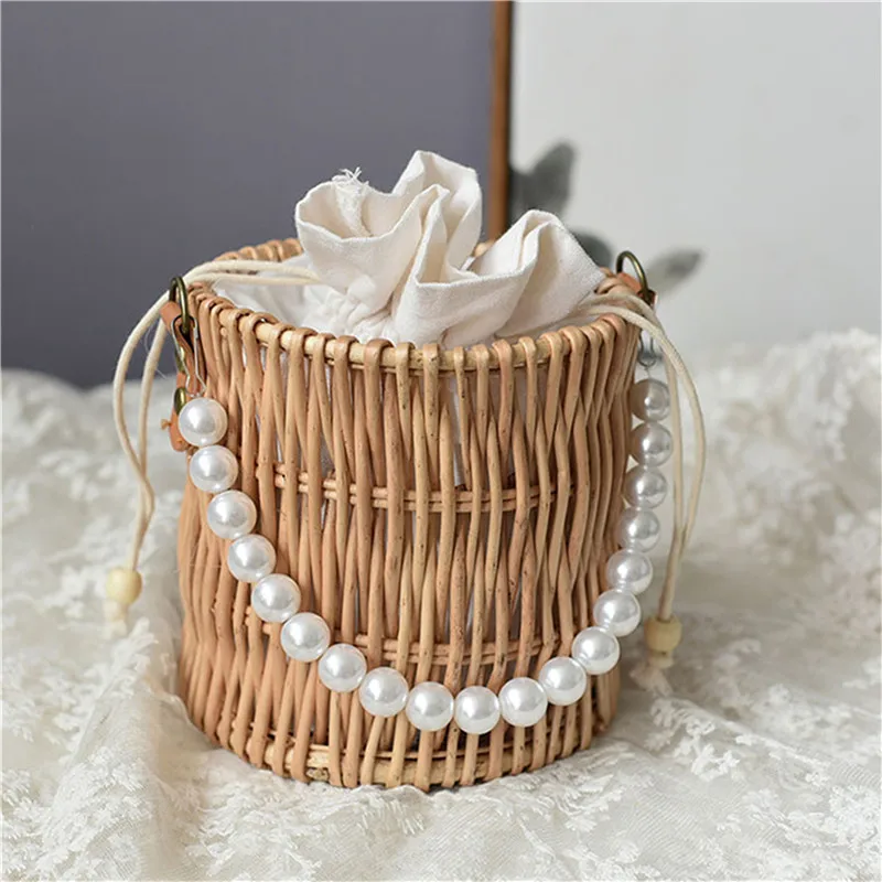 

Women Summer Pearl Chain Handbag Round Woven Straw Bags Handmade Rattan Beach Handbag Travel Bohemia Female Shoulder Bag