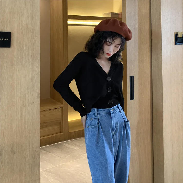 Осень 2019 вязаный красный черный кардиган женский на пуговицах v-образный вырез