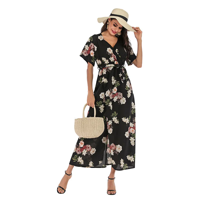 

Floral Chiffon Dress Temperament Casual Beach Dress V-neck Sexy Open Short-sleeve Tie With Large Swing Dress