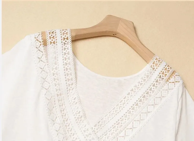

2021 Summer Tops for Women Lace Stiching Hollow Out Blouse Backless V-Neck Short Sleeve Shirt and Tops