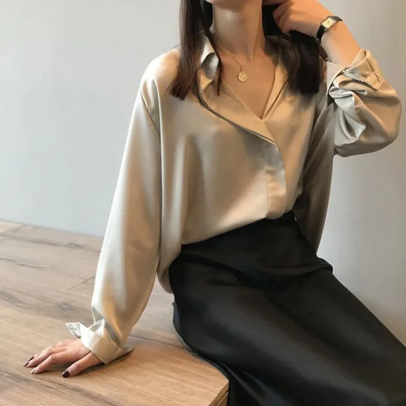 Women Shirt Sexy V-neck Solid Color Loose Korean Style Long Sleeve Blouse Vintage Chic Champagne Color Tops