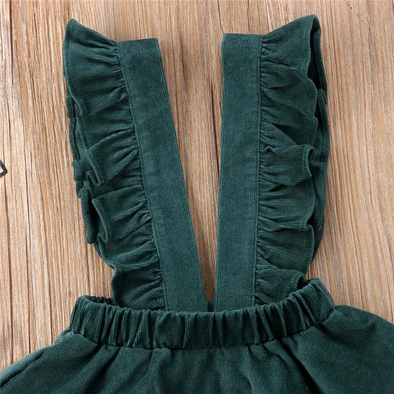 New Kid Girl Corduroy Green Strap Skirts Ruffles Suspender Sleeveless Solid Skirt Sundress Summer Fall Clothes | Мать и ребенок