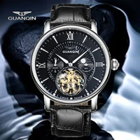 guanqin mens tourbillon skeleton fashion military brand mens watch mechanical automatic watch leather waterproof moon phase