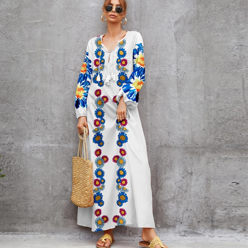 

Осенне-весенняя женская свободная повседневная одежда с V-образным вырезом и винтажным цветочным принтом, элегантная праздничная одежда дл...