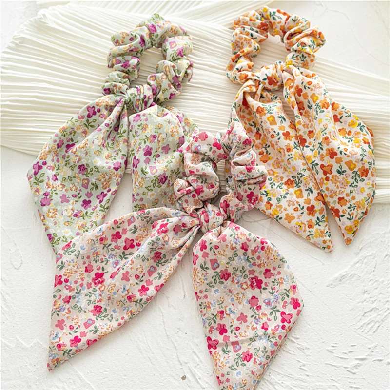 

Women Streamers Bow Floral Print Scrunchies Hair Ties Elastic Hair Ropes Long Hair Ribbon Hair Accessories Hair Ring Hairband