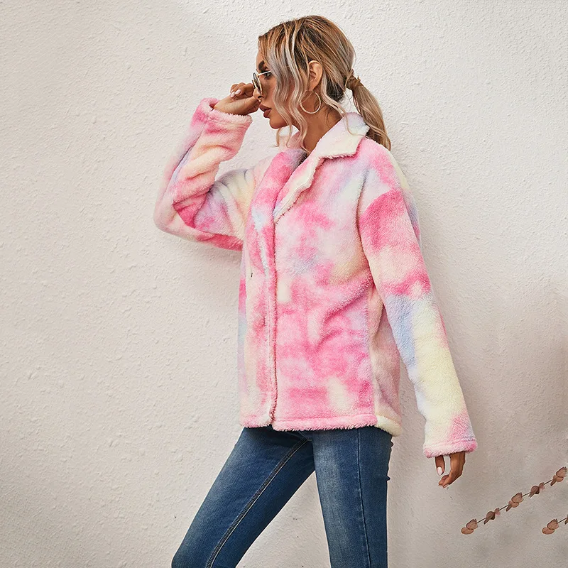 

Autumn and Winter New Style European and American Tie-dye Printing Double-sided Plush Long-sleeved Double-breasted Padded Jacket