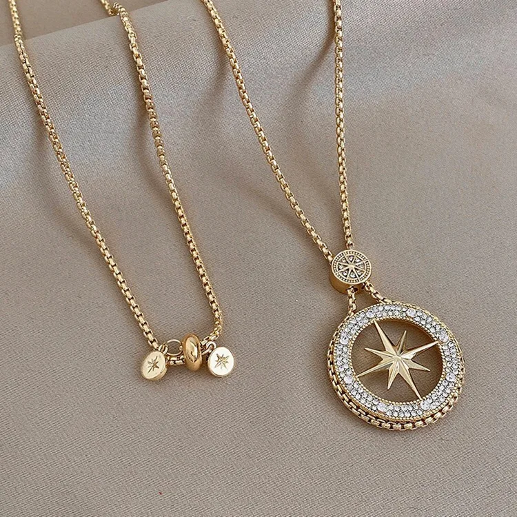 Dainty Zircon North Star Necklaces Women Hip Hop Jewelry Gold Round Eight Pointed Charms Necklace Fashion Party Chains Gift | Украшения и