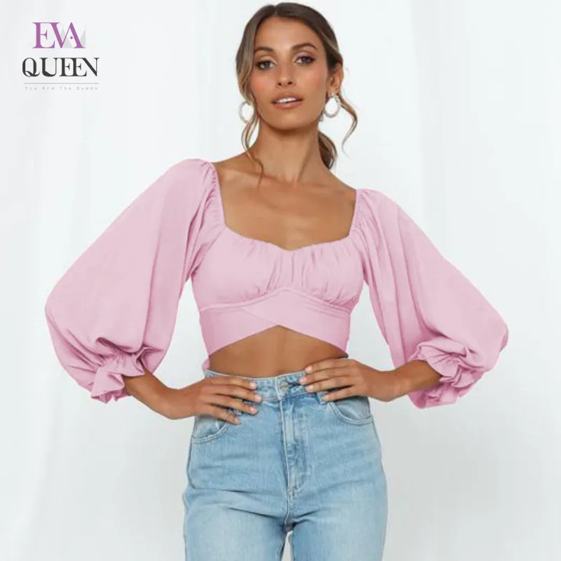 

Женский укороченный топ с рюшами EvaQueen, летний Повседневный укороченный топ с квадратным вырезом, открытой спиной и пышными рукавами