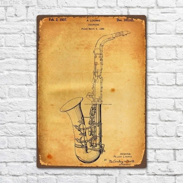 

Tin Chic Sign Saxophone 1936 Patent Vintage Retro Metal Tin Sign Metal Sign Music Art Decor Fashion Art Decor Poster