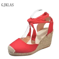 wedges sandals for women lace up heels size 43 high heels women summer shoes sandle casual red black beige sandalias alpargatas