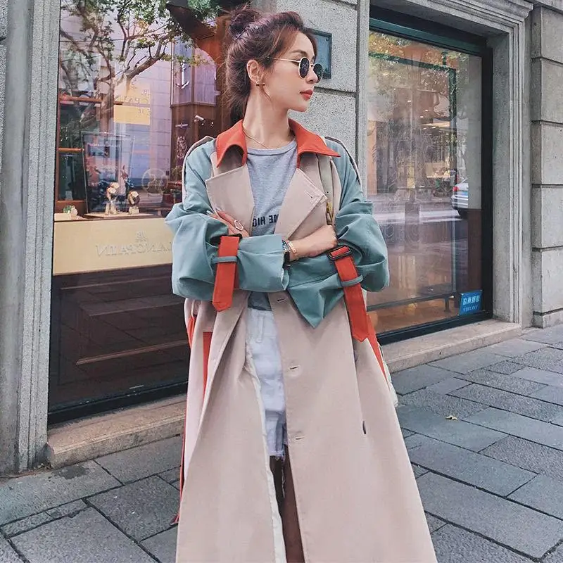 

New arrival Women Vintage Patchwork Winterbreaker High Waist with Sashes Long Sleeve Trench Coat