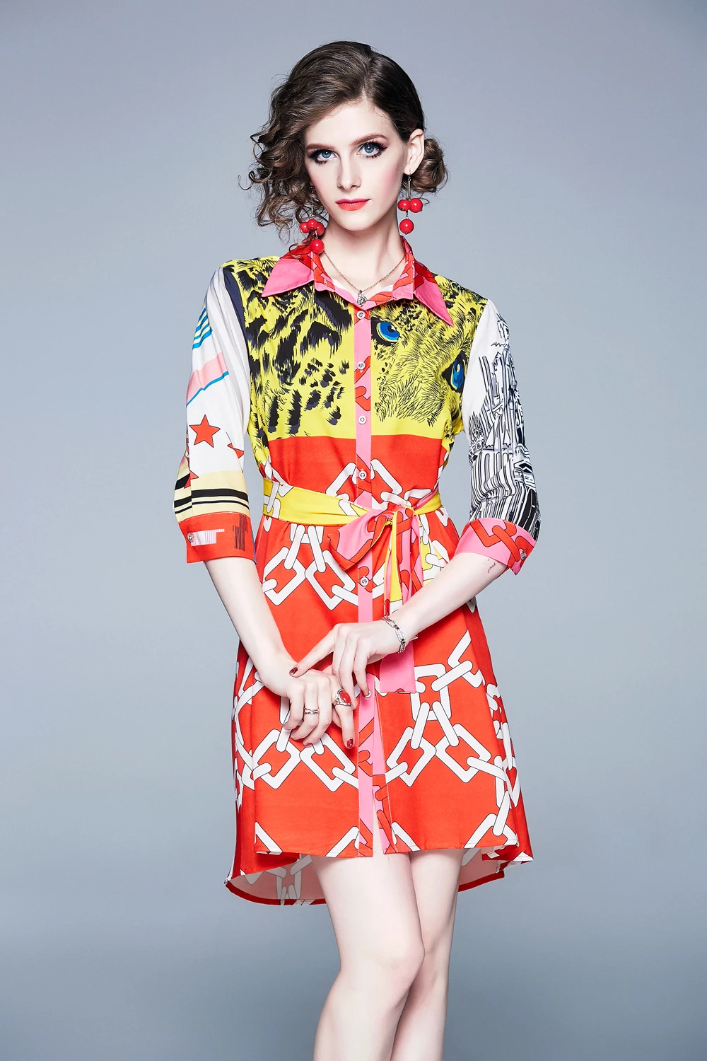 Женское платье рубашка с длинным рукавом Повседневное средней длины принтом