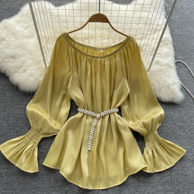 

2022 New Flare Sleeve Women's Blouse and Shirt Solid Color Slash Neck Casual Female Tops Loose Waist Korean Fashion Girls Blouse