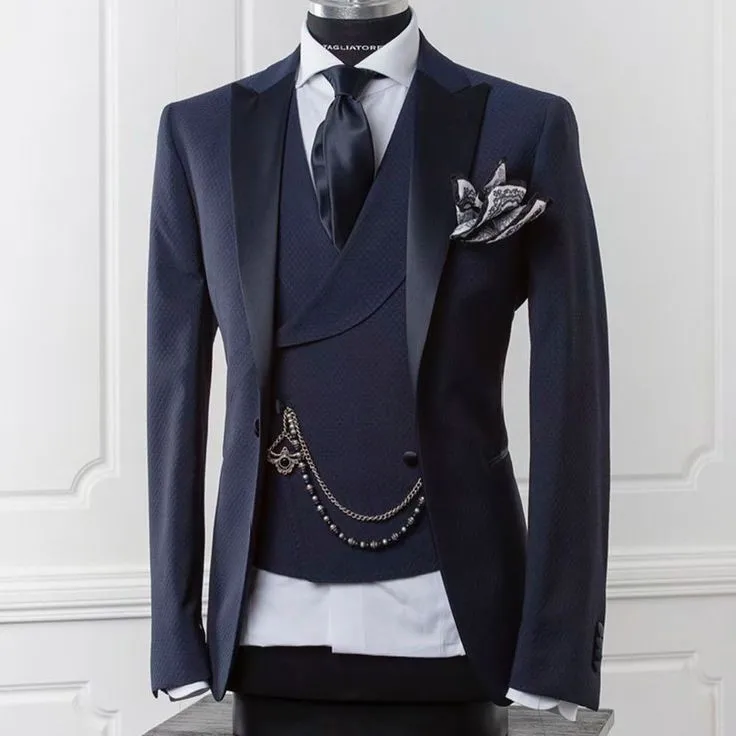 

Mens Navy Blue Suit for 2021 Wedding Custom Made Smoking Peak Lapel Tuxedo Jacket 3 Piece Set Groom Terno Suits For Men