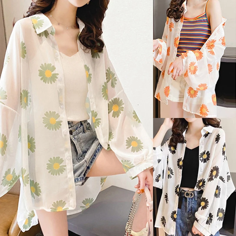 

Kili Daisy Printed Sunsn Blouse Shirt Casual Loose Cardigan Transparent Shirt Women'S Sexy Thin Sunsn Top