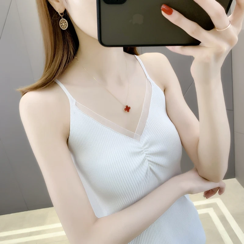 

19980 (2 rooms, 3 rows, 2 middle) V-neck solid color ice lace stitching knitted sling 25