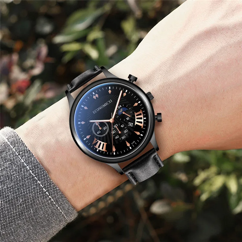 Деловые мужские часы кожа многоцветные простые кварцевые с календарем точный