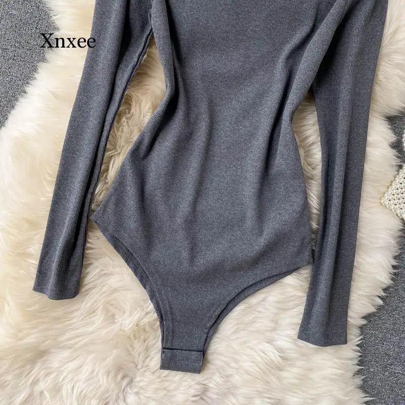 

Off Shoulder Long Sleeve Basic Bodysuit Top Solid Rib Knit Slim Fit Stretch Spring Autumn Women Sexy Skinny Bodysuits Clothing