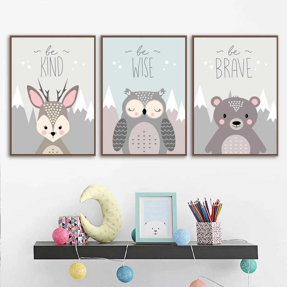 Мультфильм лиса Медведь Олень Сова цитаты стены искусства холст живопись