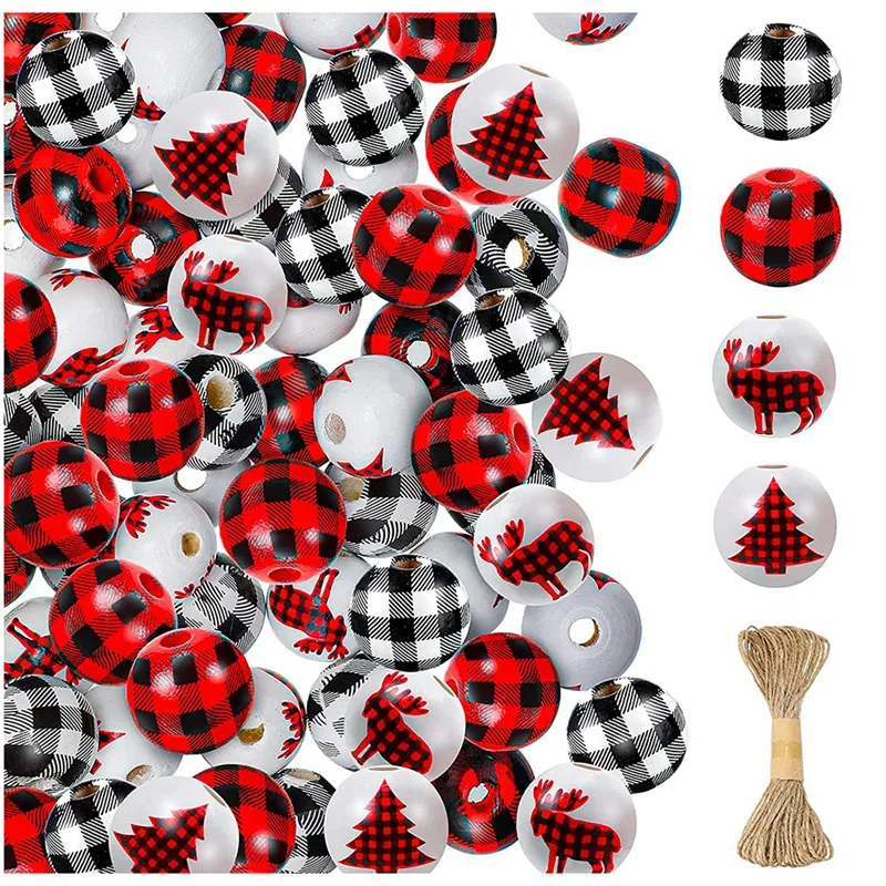 

100Pcs Christmas Plaid Wood Beads Rustic Farmhouse Wood Beads Buffalo Plaid Round Bead Polished Spacer Bead with Twine