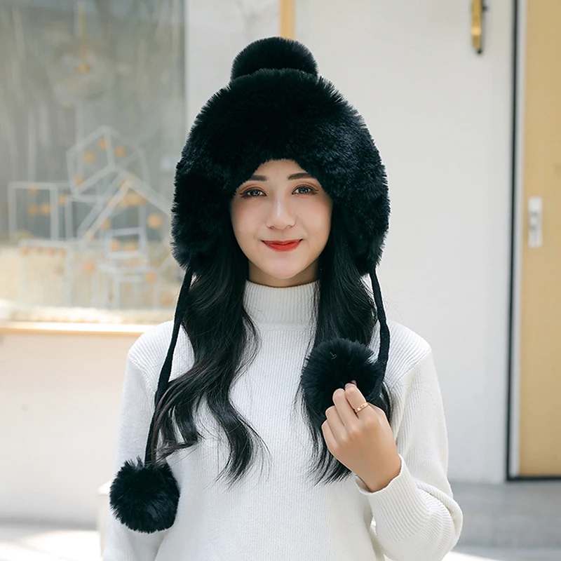 

Outdoor Earflap Hat Wool Knitted Snow Ski Cap Fleece Bomber Trapper Hat Women Faux Fox Fur Pompom Winter Warm Caps High Quality